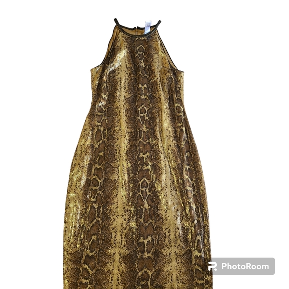Cache Sequin Python Snake Print Halter Lined Knee Length Party Cocktail Dress - Picture 1 of 11